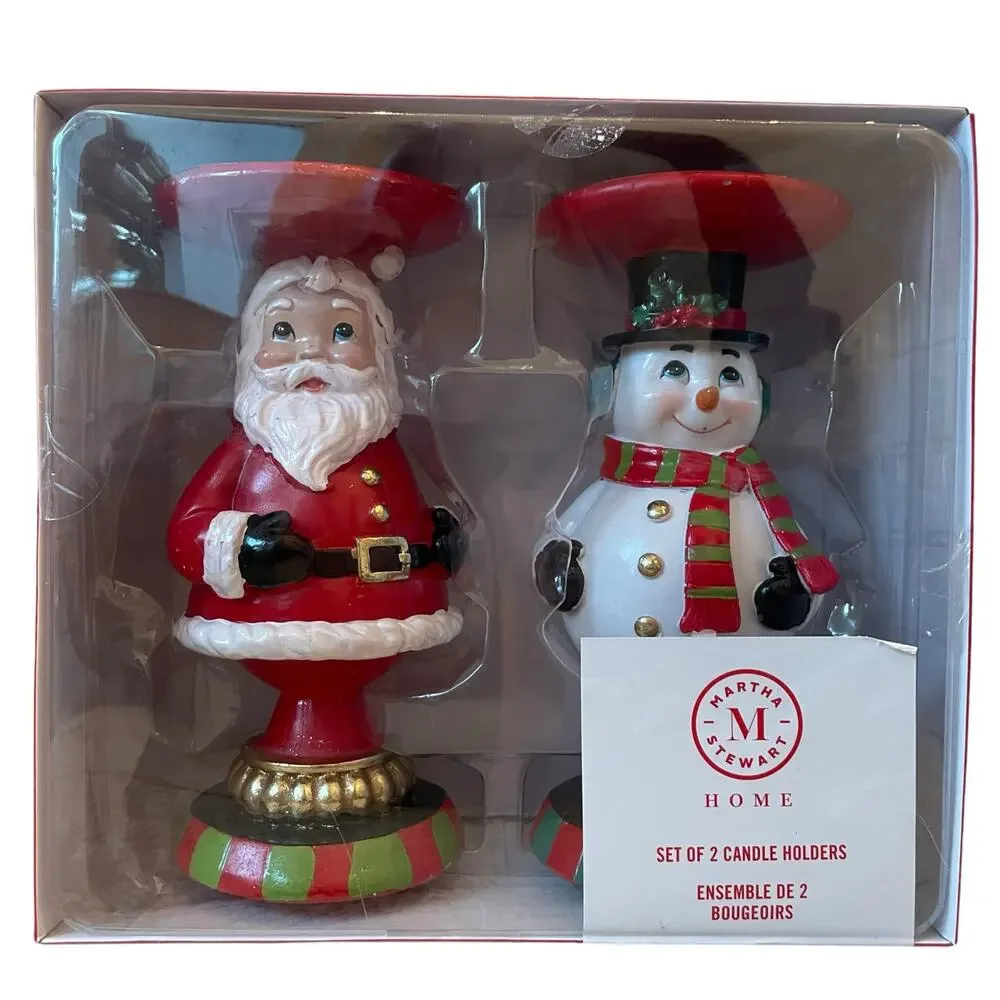 Martha Stewart Christmas Candle Holders 8.5in Santa & Snowman Holiday Decor New